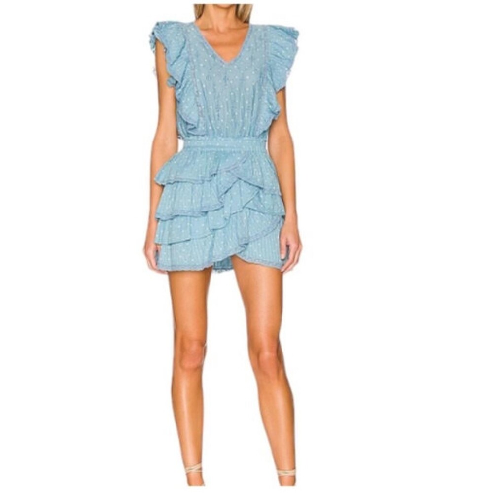 LoveShackFancy Corelli Dress Blue Bonnet Polka Dot Ruffle Cotton Mini Size S NWT
